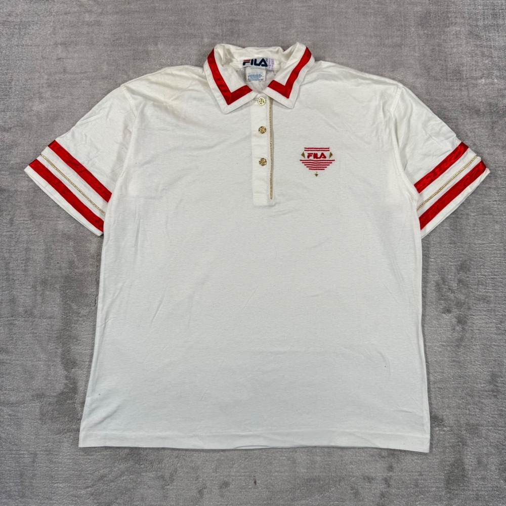 Fila Shirt Mens Large White Red Satin Trim Gold Button Vintage Tennis Sportswear